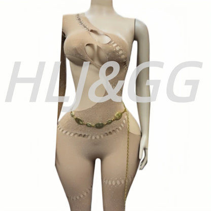 HLJ&GG Sexy Sparkling Rhinestone Hollow Bodycon One Piece Jumpsuits Women One Shoulder Long Sleeve Slim Playsuit With Chain 2025