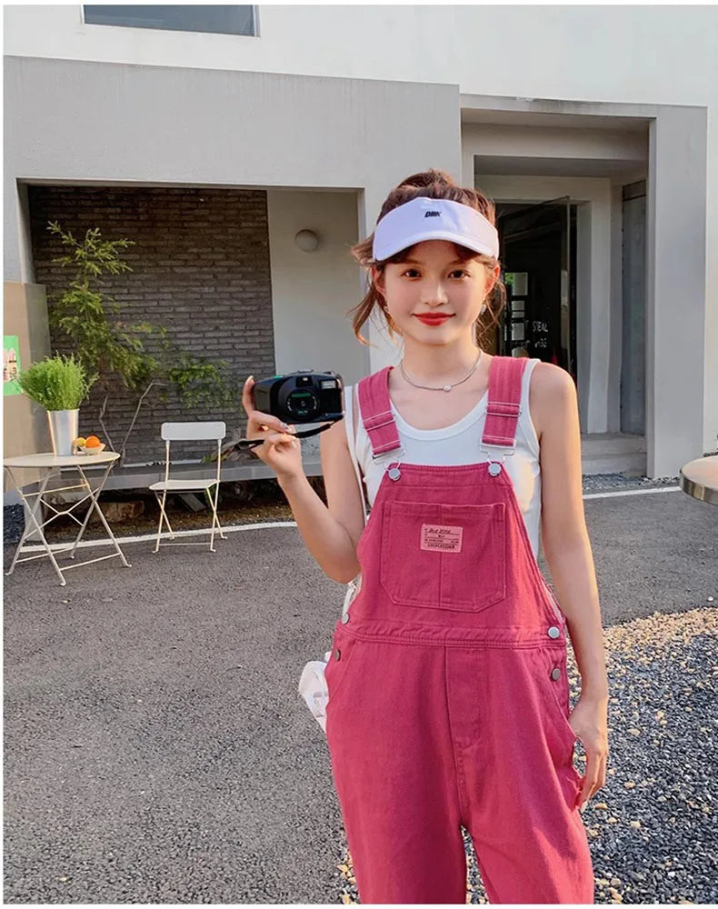 Vintage Pink Denim Overalls Adjustable Strap Wide Leg Jumpsuit Y2K Cute Campus Casual Pants