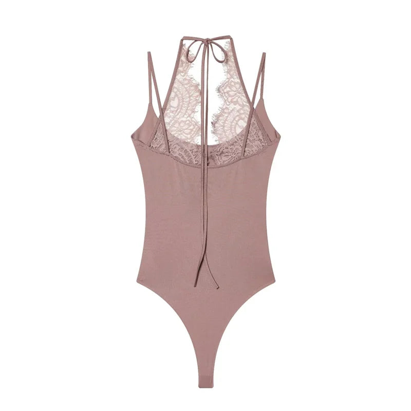 Women's Bodysuit 2026 New Fashion Summer Black Spliced Lace Bodysuit for Women Elegant Chic Personality Spaghetti Strap Bodysuit