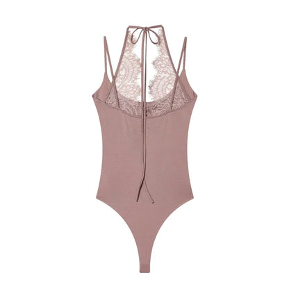 Women's Bodysuit 2026 New Fashion Summer Black Spliced Lace Bodysuit for Women Elegant Chic Personality Spaghetti Strap Bodysuit