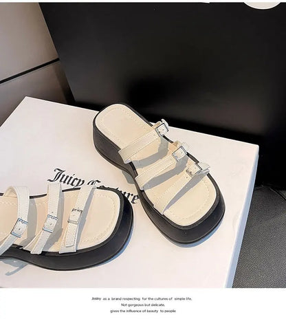 Women Thicken Soled Buckle Strap Sandals Platform High Heel Shoes Ladies Cut-Out Slippers Open Toe Flipflops Silver Beach Slides
