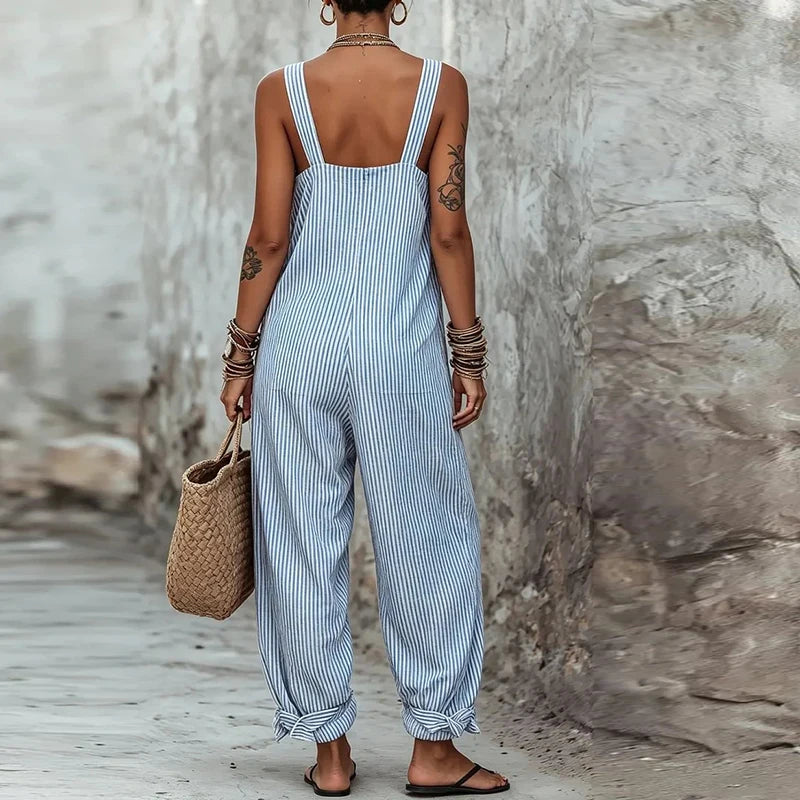 Summer Sleeveless Long Pants Jumpsuit Women Casual Striped Printed Pocket Playsuits For Women Fashion Loose Rompers Blue