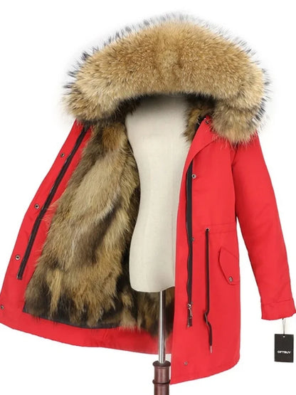 Real Fur Coat Winter Jacket Women Long Parka Waterproof Big Natural Raccoon Fur Collar Hood Thick Warm Real Fox Fur Liner coat