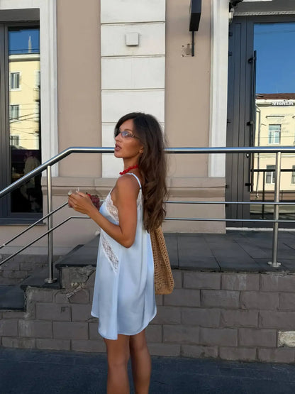 Sexy Blue Satin Lace Slip Mini Dress Women Spaghetti Strap V Neck Hollow Out Bodycon Dresses Lady Summer Beach Short Gown 2026