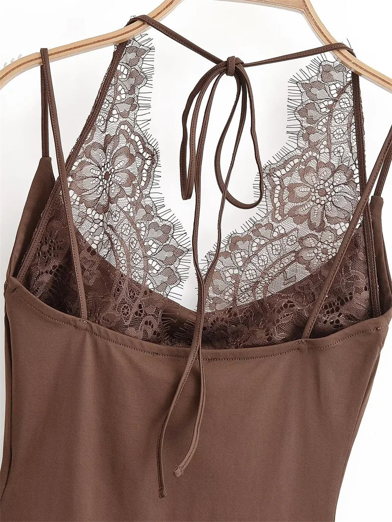 Women's Jumpsuit 2026 Spring New Solid Color Halter Neck Lace Splice Sexy Slim-Fit Romper Personalized Fashion