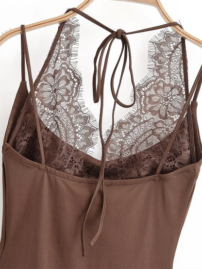 Women's Jumpsuit 2026 Spring New Solid Color Halter Neck Lace Splice Sexy Slim-Fit Romper Personalized Fashion