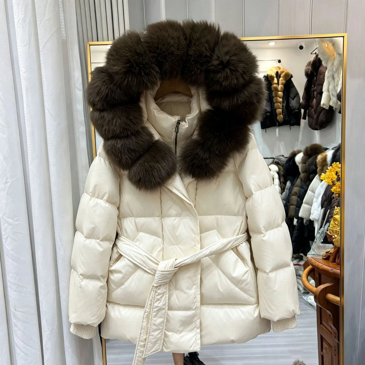 Women Winter Long Down Jacket Genuine Fox Fur Large Collar Hooded Slim Fit Waist Belt Warm Fashion Versatile Casual Winter Coat