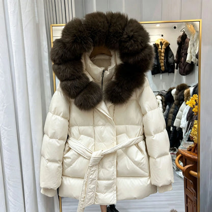 Women Winter Long Down Jacket Genuine Fox Fur Large Collar Hooded Slim Fit Waist Belt Warm Fashion Versatile Casual Winter Coat