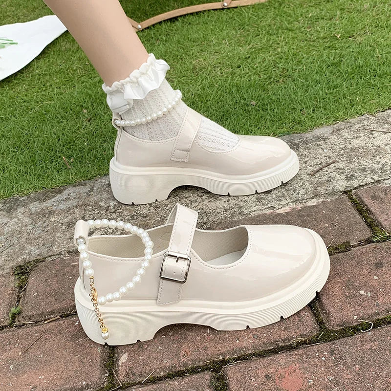 Women's Luxury Beaded Mary Jane Leather Shoes Spring/Autumn Fashion Comfortable Elegant Flat Black Walking Shoes Zapatos Mujer