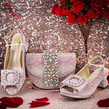 2025 Autumn New Design Specials Italian Women Shoes and Bag Set Pink Color Comfortable Mid Heels With Rhinestone