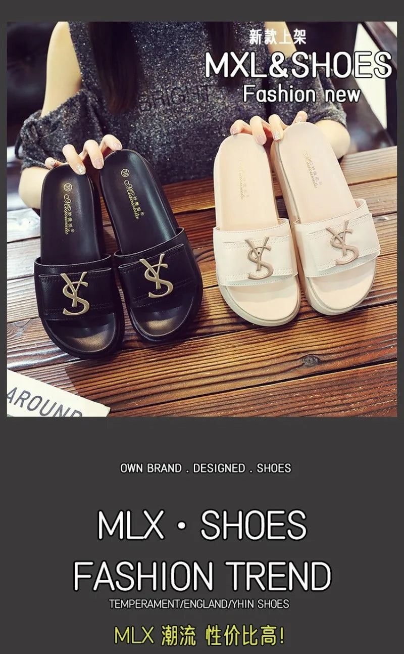 2025 Summer New Women's Fashion Letter Designer Sandals Casual Thick Bottom Round Toe Leather Beach Shoes Женские Сандалии