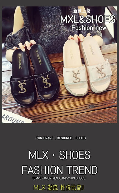 2025 Summer New Women's Fashion Letter Designer Sandals Casual Thick Bottom Round Toe Leather Beach Shoes Женские Сандалии