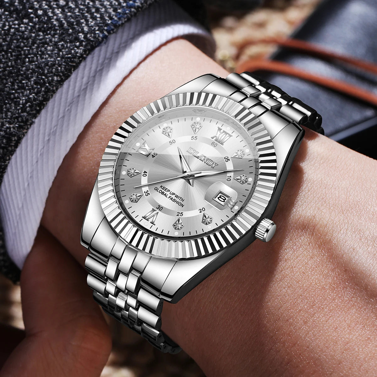 Luxury Rhinestone Roma Dial Men Business Watches Fashion Men's Calendar Quartz Watch with Stainless Steel Strap (Without Box)