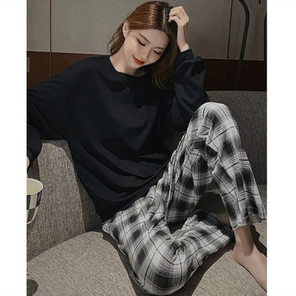 2PCS/Set Women Big Size with Chest Pads Pajamas Spring Autumn and Winter Long-Sleeved Headset Loose Homewear Can Be Worn Outside