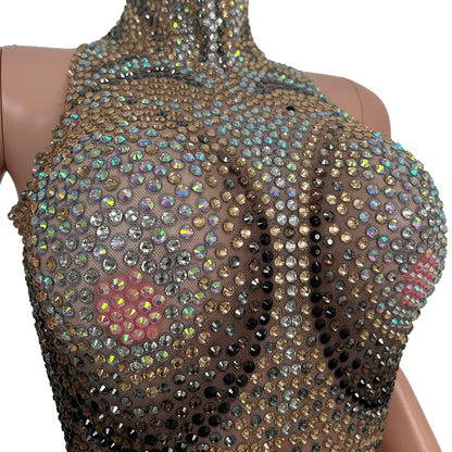 sparkling sleeveless Rhinestone crystal jumpsuits mesh stretch rompers women pole dance leotard Drag Show performance outfit
