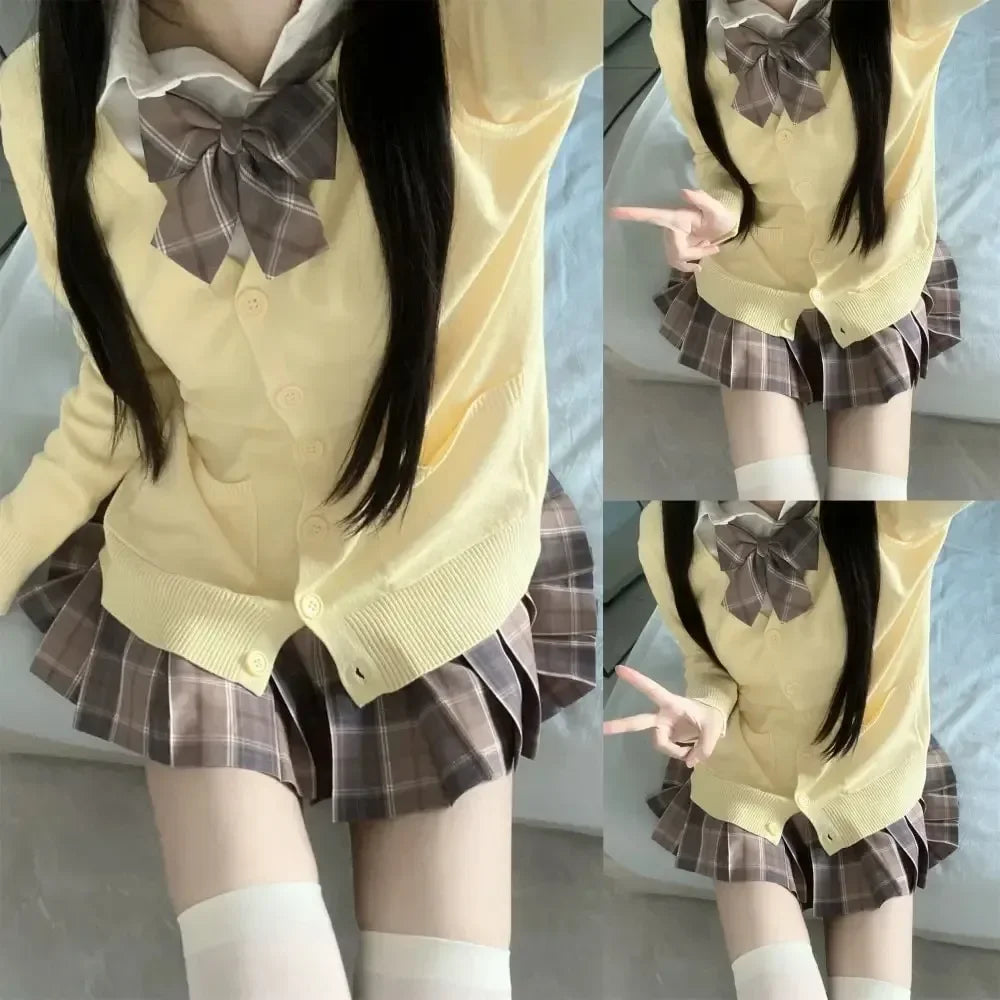 3Pc Set Japanese Korean School Uniforms Multicolor Sweater&Plaid Pleat Skirt with Bow Jk Uniform Suit Graduation Costumes Women