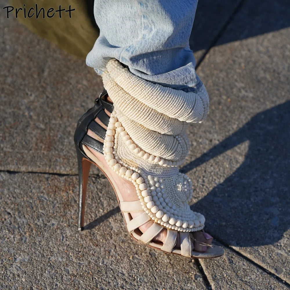 Pearl Ankle Band Sandals Peep Toe Ankle Band Hollow Narrow Band Shoes Women Back Zipper Summer Elegant Luxury Party Sexy Shoes