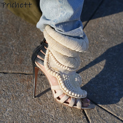 Pearl Ankle Band Sandals Peep Toe Ankle Band Hollow Narrow Band Shoes Women Back Zipper Summer Elegant Luxury Party Sexy Shoes
