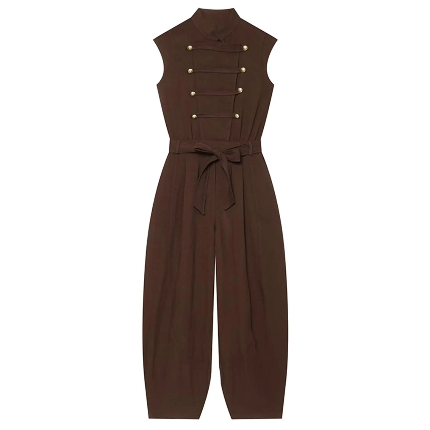 TFMLN Fashion Double Breasted Jumpsuits for Women Stand Collar Sleeveless High Waist Long Pants With Belt Elegant Rompers