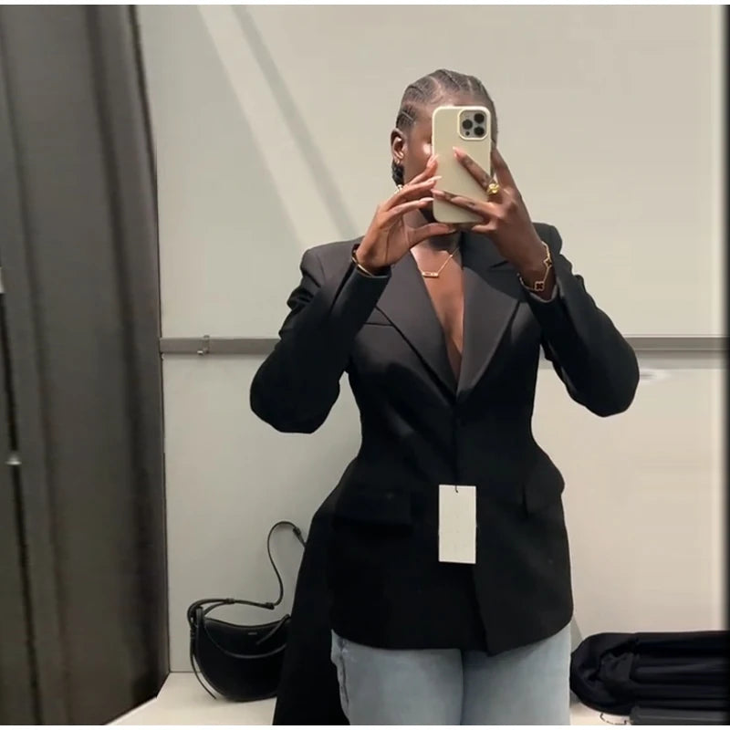 Elegant Shoulder Pad Slim Suit Jackets Women Solid Lapel Long Sleeved Jacket Female 2025 Spring Chic Daily Style Outwears Tops