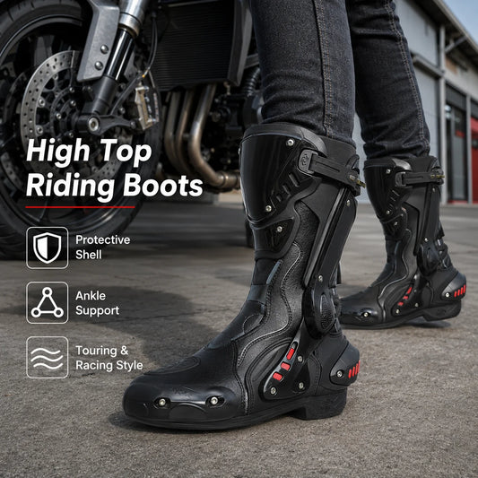 Men Motorcycle Riding Boots High Top Protective Moto Shoes Breathable Wind Resistant Biker Touring Racing Boots