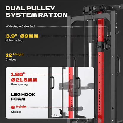 Pooboo Pull Up Bar Power Tower Dip Station with Cable Machine, 450LB Home Gym | Pull Up Bar, Dip Station and 16-Position Cable System for Pull Ups, Dips, Lat Pulldowns, Rows and Full-Body Training