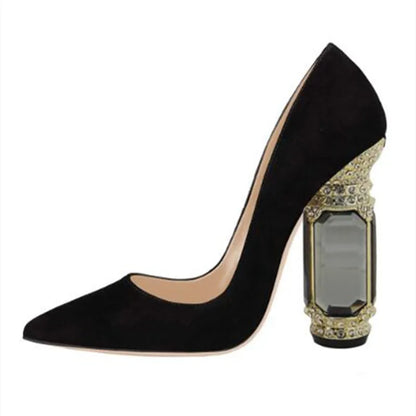 Laser PU Leather Pointed Toe Shallow Women Pumps Shoes Gemstones High Heels Slip On Design Large Size Fashion Shoes