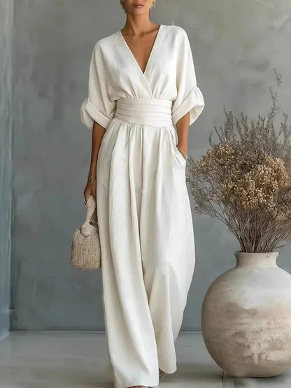 Women Elegant Linen V Neck Short Sleeve Jumpsuit Waist Cinched Wide Leg Long Pants Rompers with Pockets Casual Ladies Overalls