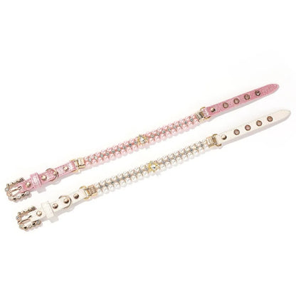 Adjustable Dog Cat Pearl Collars Rhinestone Bling Crystal Cat Necklace Luxury Jewelry PU Neck Strap for Small Dogs for Kitten