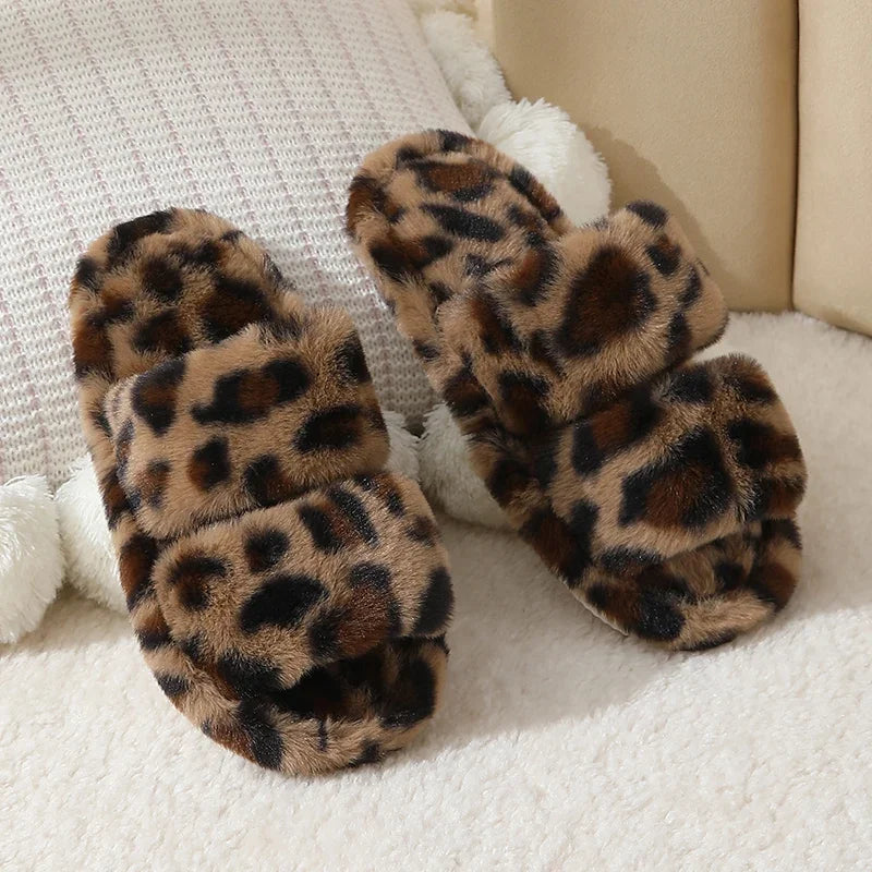 Leopard Pattern Plush Winter Slippers for Women Open Toe Soft Sole Fuzzy House Shoes Woman Indoor Comfort Warm Faux Fur Slippers