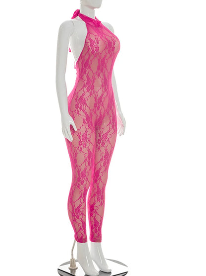 Beyprern Women Solid Lace Bandage Jumpsuit Sexy Halter Backless Floral See Through Skinny One Pieces Rompers