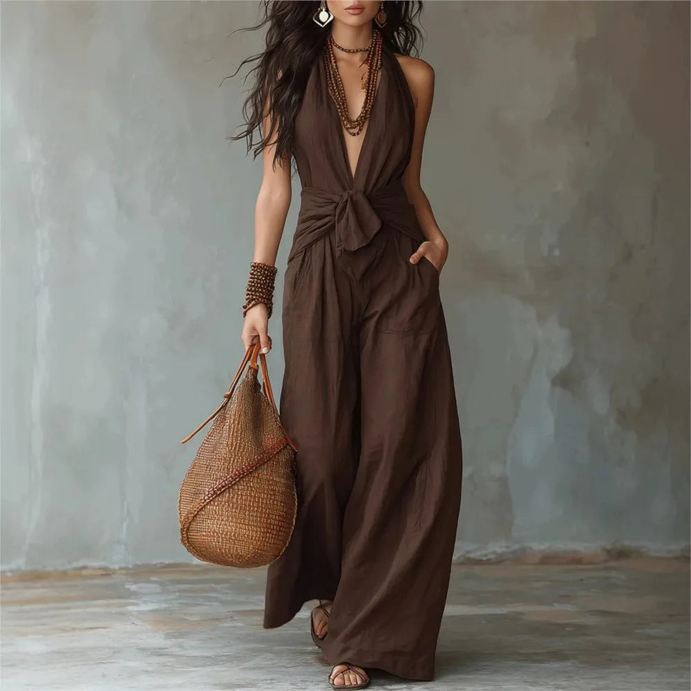 Bohemian Women's Brown Halter Neck Jumpsuit Deep V-Neck Tie Front Knot Wide Leg Pants Sleeveless Casual Summer Beach Jumpsuits