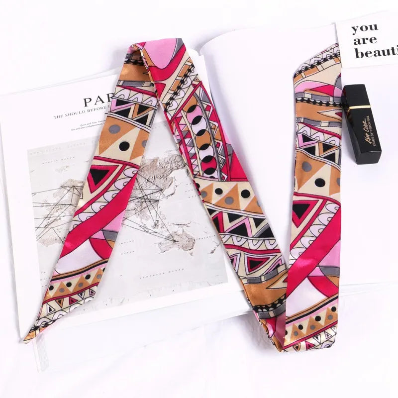 Women Print Flower Small Scarf Handle Bag Ribbons Fashion Head Scarf Small Long Skinny Scarves Headbands Tie Accessories