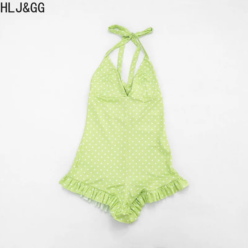 HLJ&GG Sexy Hot Girl Polka Dot Print Ruffle Bodycon One Piece Rompers Women Halter Backless Lace Up Playsuits Fashion Overalls