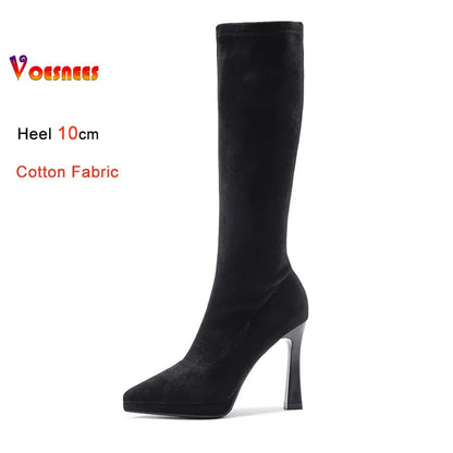 Black Knee High Boots For Women Pointed Toe 10cm High Heel Platform Side Zipper Slim Party Tall Boots Autumn Winter Lady Shoes