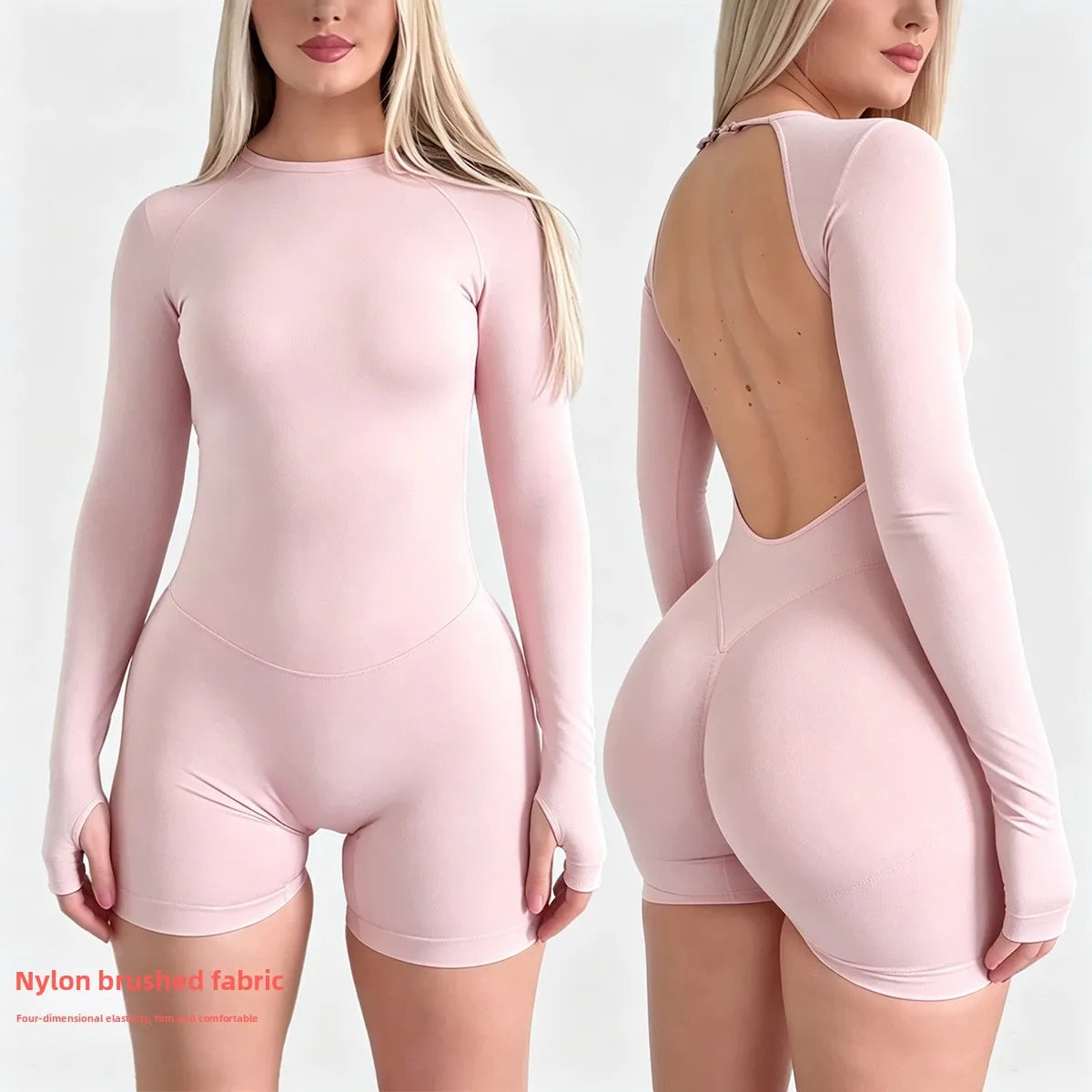 Denyf New-Women Activewear Bodysuit One Piece Backless Long Sleeve Short Leggings Seamless High Stretch for Yoga Run Gym Fitness