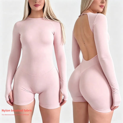 Denyf New-Women Activewear Bodysuit One Piece Backless Long Sleeve Short Leggings Seamless High Stretch for Yoga Run Gym Fitness