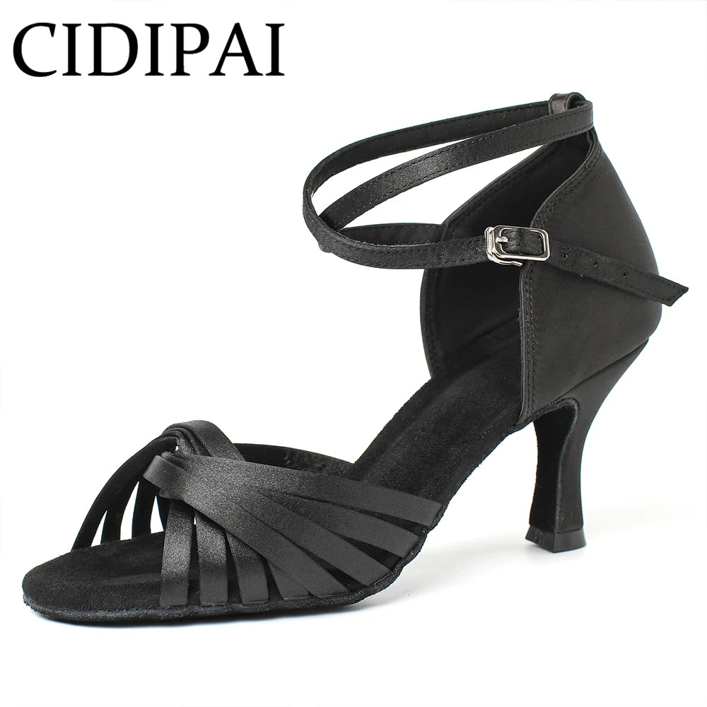 CIDIPAI Black Silk Satin Latin Dance Shoes For Women Latex Soft Soled Ballroom Tango Salsa Dance Shoes Indoor Party Shoes