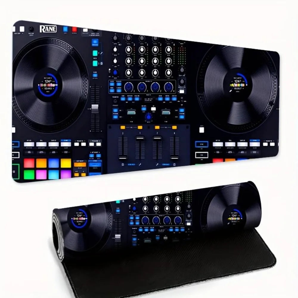 A large mouse pad with a blue DJ table design, in a rectangular shape desk accessories desk organizers and trays tapis de souris