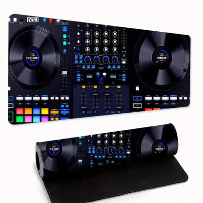 A large mouse pad with a blue DJ table design, in a rectangular shape desk accessories desk organizers and trays tapis de souris