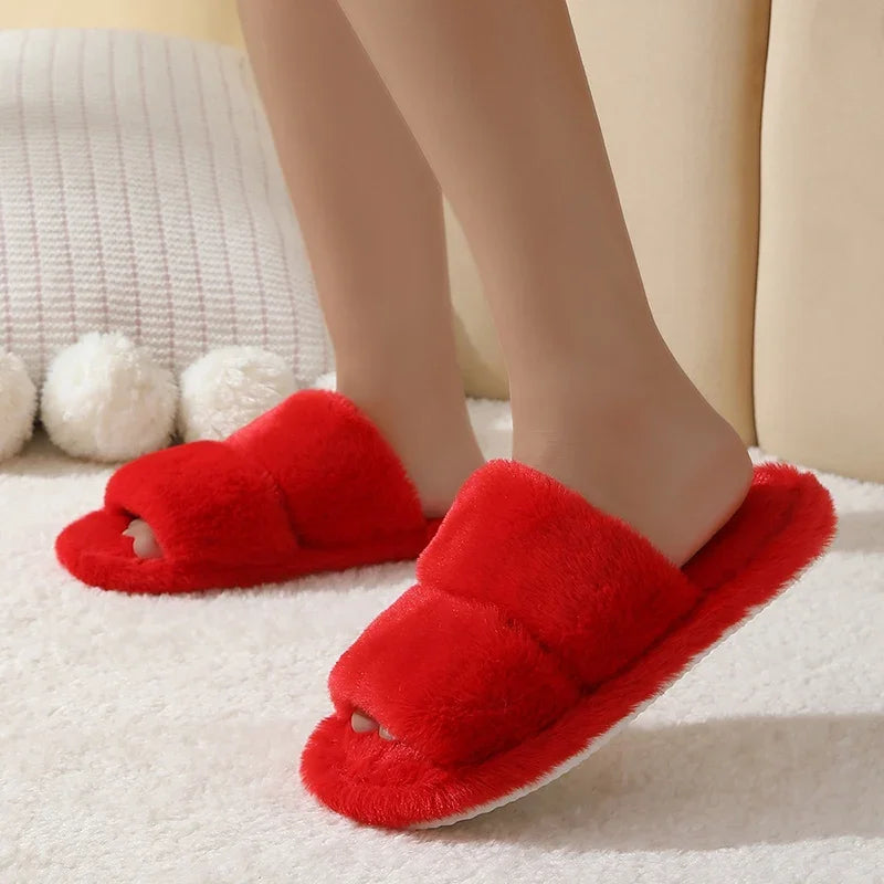 Leopard Pattern Plush Winter Slippers for Women Open Toe Soft Sole Fuzzy House Shoes Woman Indoor Comfort Warm Faux Fur Slippers