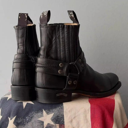 Black Short Boots for Women, Retro Distressed Boots, Square Toe Thick Heel Boots,moto Increased Mid-century Boots