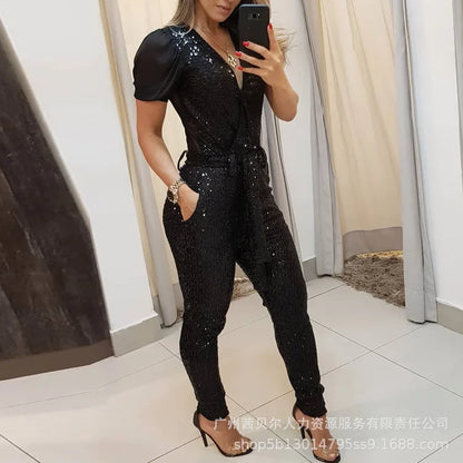 New Women Sequins Slim Pocket High Waist Jumpsuits 2023 Spring Summer Jumpsuits Women Sexy Short Sleeve V-neck Pencil Jumpsuits