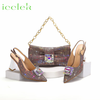 Women High Heels Sandals Shinning Material with Rhinestone Italian Design T.Blue Color Pointed Toe Shoes and Bags Set