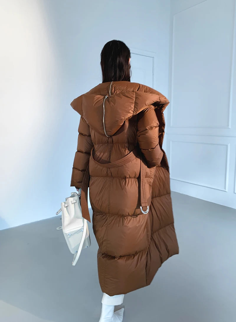 High end Ultra long White goose down Jacket For women Winter 2025 New Fashion Down Coat Female Thicken Parka Overcoat with belt