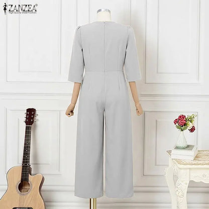 ZANZEA OL Work Party Women Jumpsuits Solid Color Summer 3/4 Sleeve Sevy V Neck Rompers Solid Playsuits Wide Leg Pants Streetwear