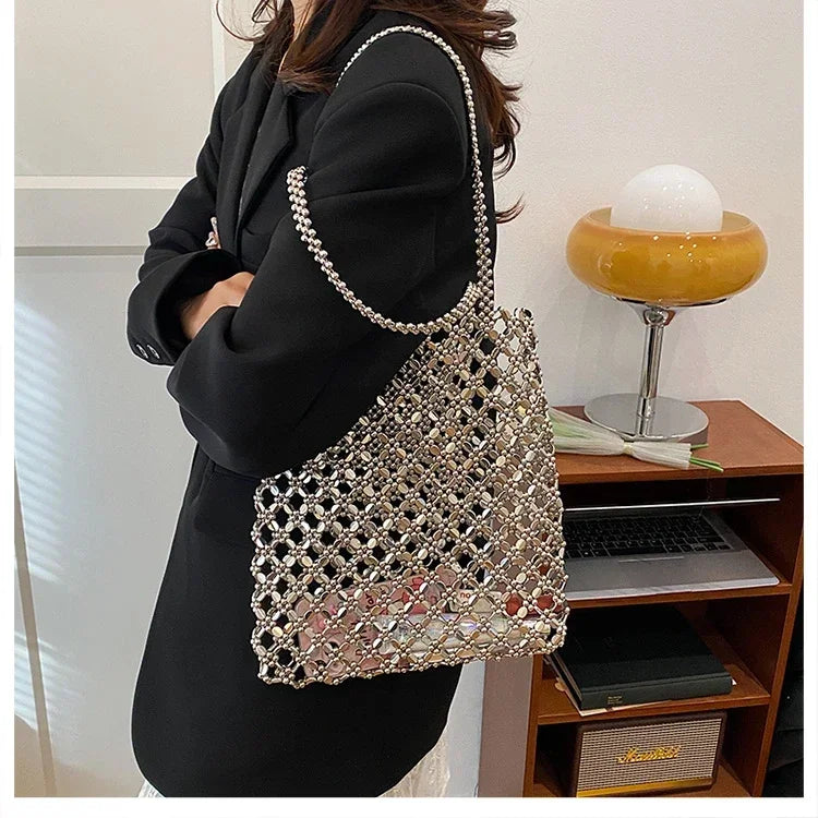2026 Fashion Exquisite Bead Sense of Luxury Hollow Out Women‘s Handbags Hot Sale New No Zipper Acrylic Square Shoulder Bags