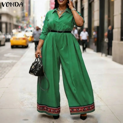 Casual Jumpsuits Plus Size VONDA 2026 Women Long Rompers Elegant Office Lady Overall Patchwork Loose Long Sleeve Playsuits