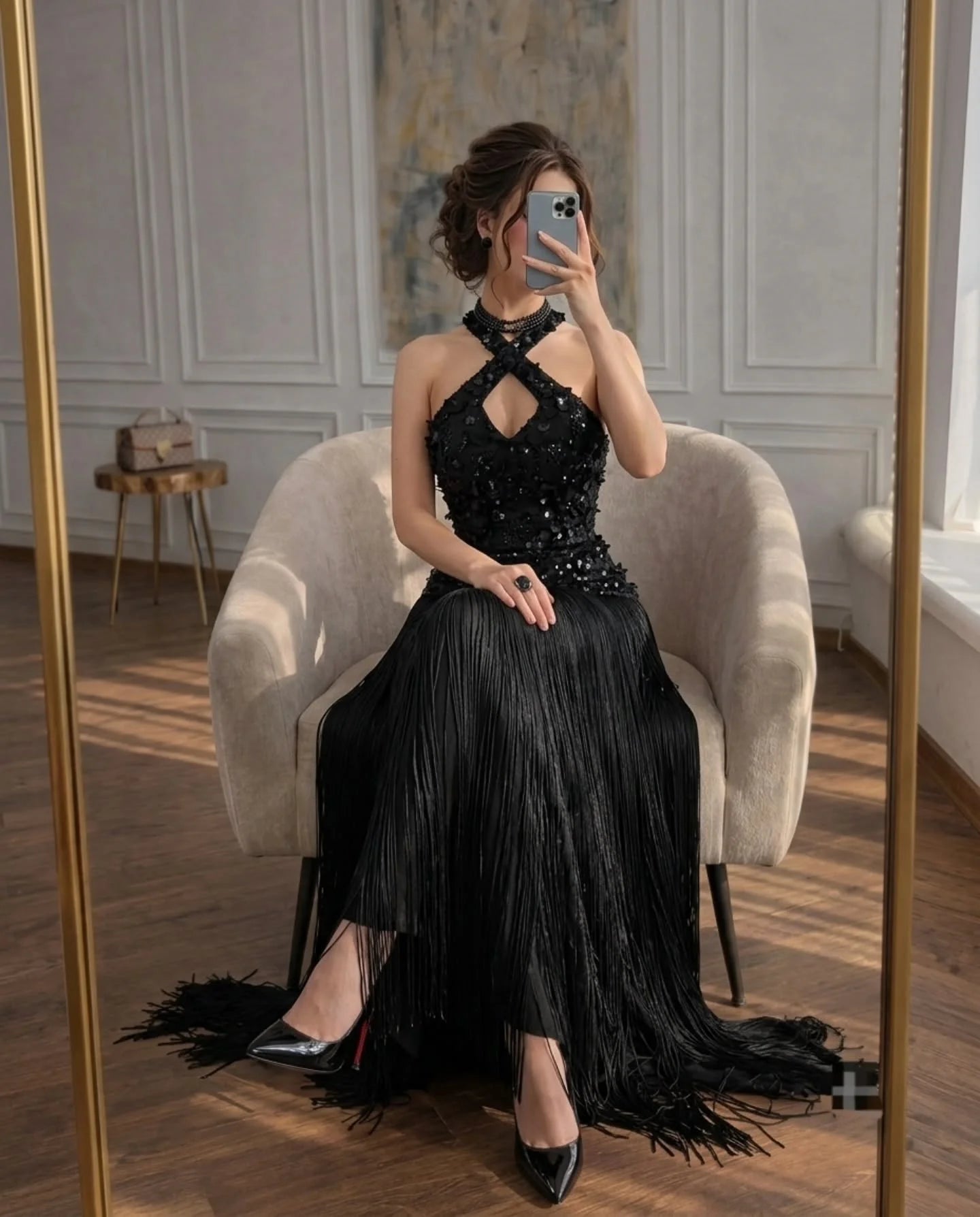 Luxury Black V Neck 3D Flower Sequin Fringe Evening Dress A-Line Women's Formal Evening Gowns Wedding Party Dresses Customized