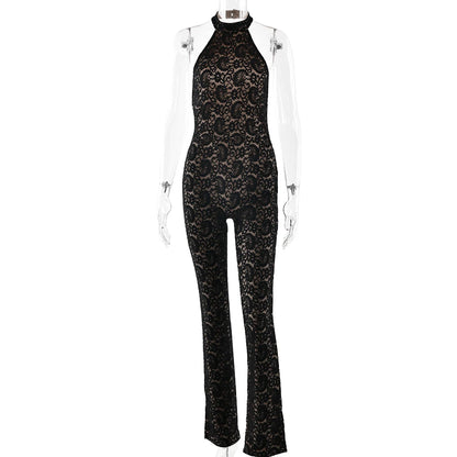 Fantoye Sexy Backless Lace Patchwork Women Jumpsuit Black Sleeveless High Elastic Rompers Spring Bodycon Elegant Party Clubwear